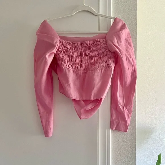 TOPSHOP Off the Shoulder Pink Long Sleeve Ruched Blouse Flirty Girly Top Blouse - Picture 4 of 12
